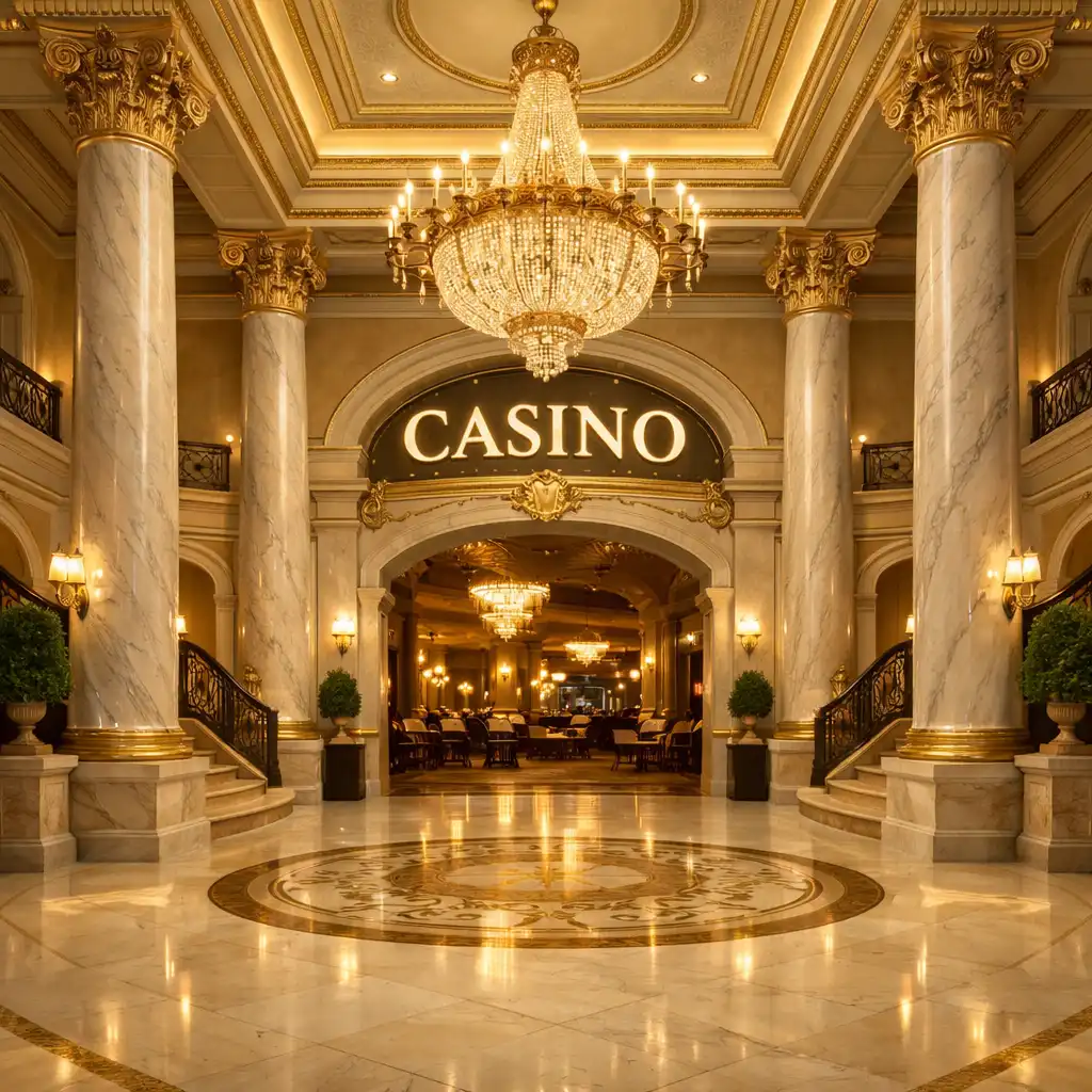 Mramorni ulaz u Croatia Palace Casino s neoklasičnim stupovima i zlatnim detaljima