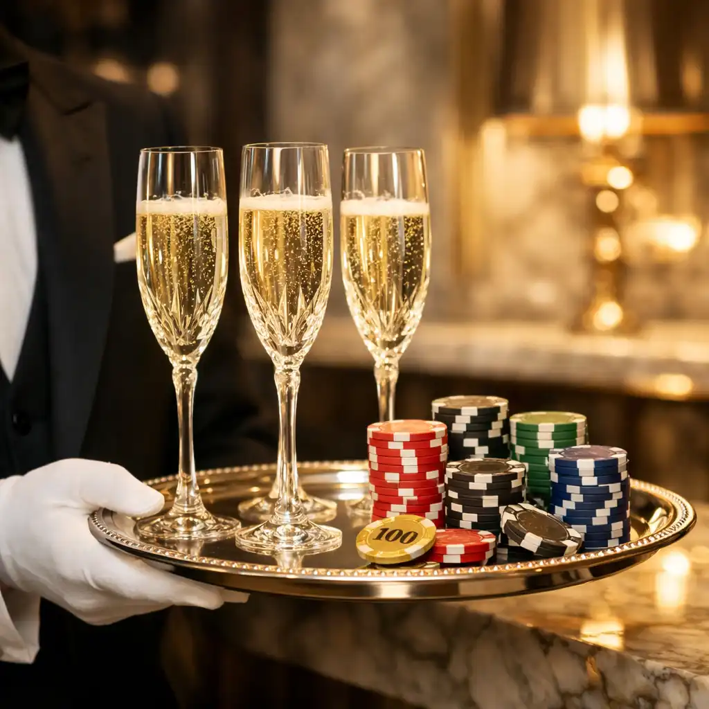 Bijeloglavi poslužitelj nudi šampanjac i žetone na srebrnom pladnju u Croatia Palace Casinu