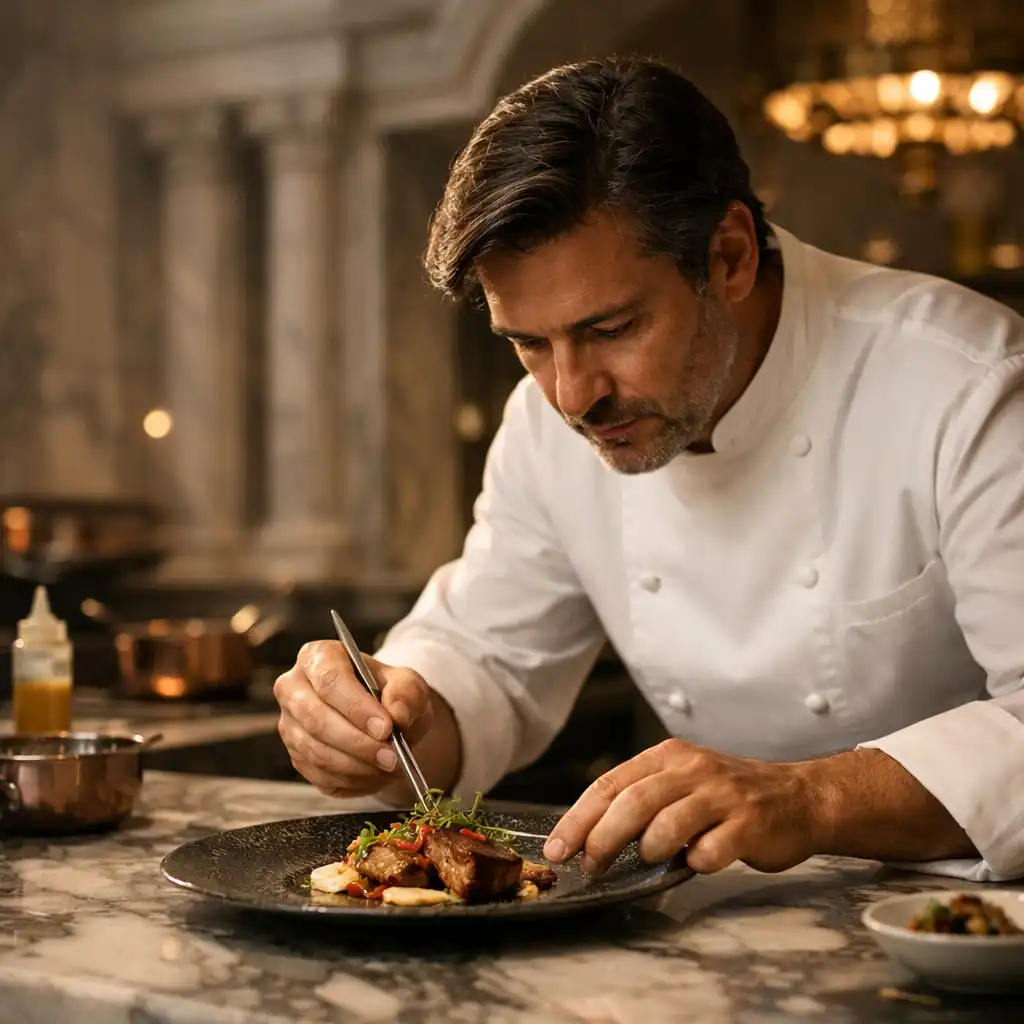 Glavni chef Croatia Palacea priprema tanjur u mramornoj kuhinji