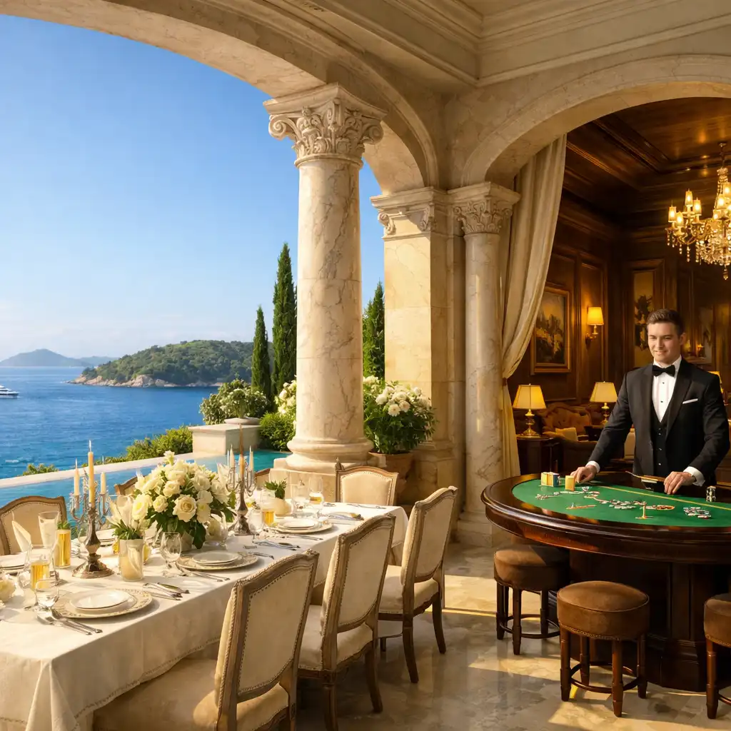 Panoramski pogled na Croatia Palace: stol za fine dining, mramorne stupove i diskretni kasino salon
