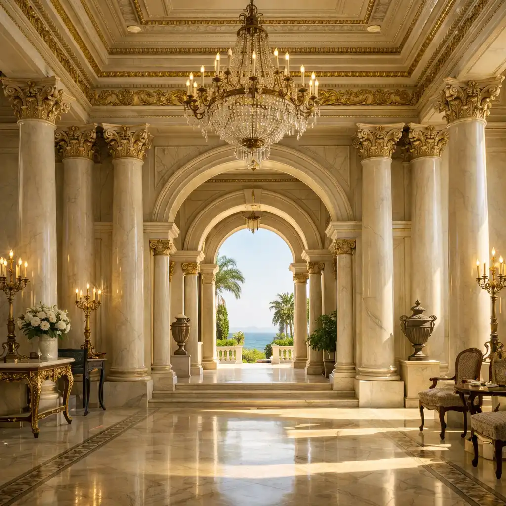 Mramorna dvorana Croatia Palace rezidencije s visokim stupovima i neoklasičnim detaljima