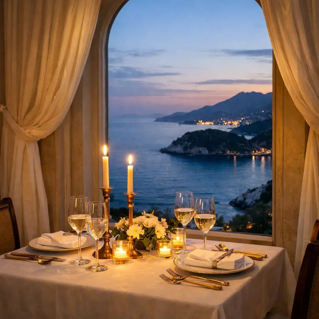 Elegantno postavljen fine dining stol u Croatia Palaceu s pogledom na Jadransko more