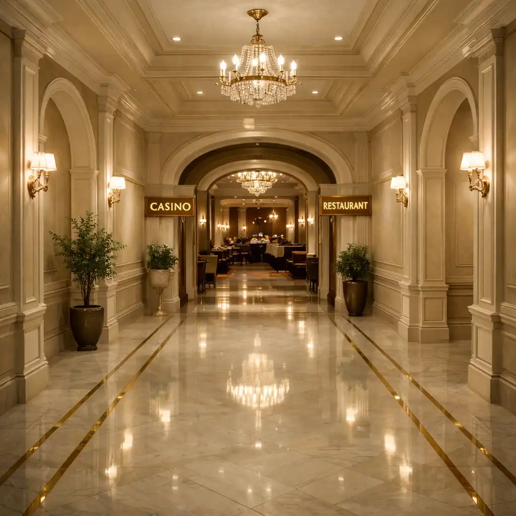 Diskretni privatni hodnik koji povezuje Croatia Palace suite s kasinom i fine-dining restoranom